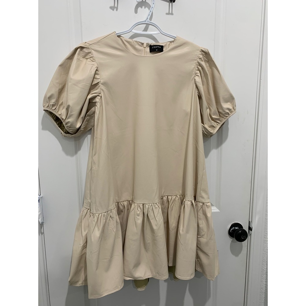 Sirena Beige Faux Leather Puff Sleeve Mini Dress Babydoll Ruffle Hem Size M NWT